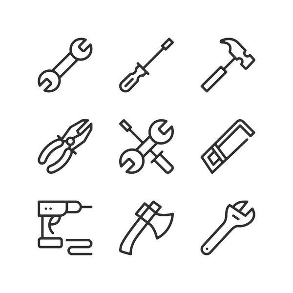 Набор значков линий инструментов. Элементы контура, линейные знаки, простая коллекция символов. Современные концепции графического дизайна. Иконки векторных линий
