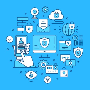 Veri güvenlik kavramları Hat sanatı. Modern grafik öğeleri, seviyelendirme simgelerini, satır simgeler ayarla Web siteleri, web afiş, mobil uygulamalar, infographics için ince. Vektör çizim