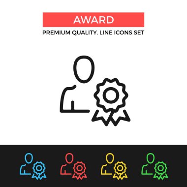 Vektör ödül simgesi. Ödülü rozeti olan adam. Premium Kalite grafik tasarım. Koleksiyon, basit ince çizgi Icons set anahat modern işaretler, semboller