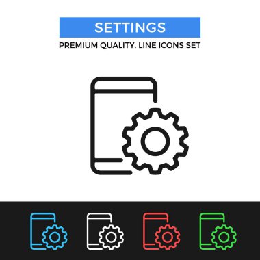 Vektör ayarları simgesi. Cep telefonu ve dişli, smartphone ve dişli. Premium Kalite grafik tasarım. Modern işaretleri, seviyelendirme simgelerini, ince çizgi Icons set