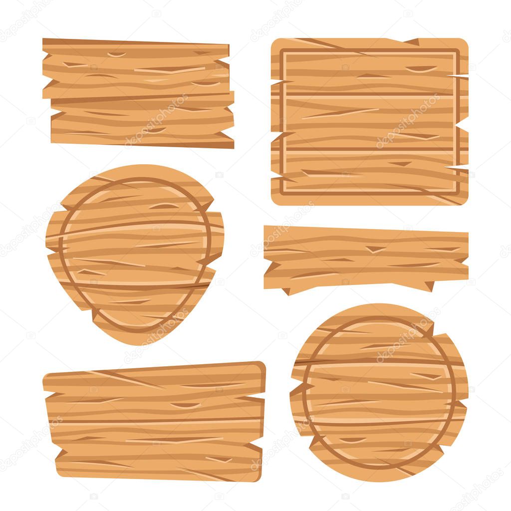 Wooden signs set. Wood signages, boards, signboards and banners. Vector illustration