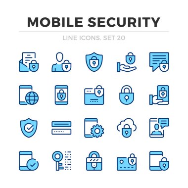 Mobil güvenlik vektör hat simgeler kümesi. İnce çizgili Tema. Grafik öğeleri, basit kontur sembolleri anahat. Mobil güvenlik simgeleri