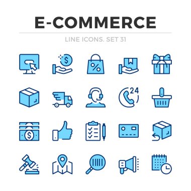 E-ticaret vektör hat simgeler kümesi. İnce çizgili Tema. Grafik öğeleri, basit kontur sembolleri anahat. ECommerce simgeleri