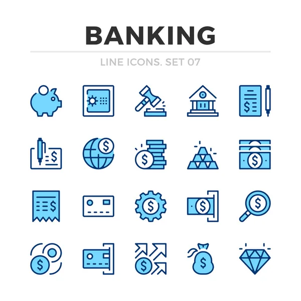 銀行ベクトル線アイコン セット 細い線のデザイン 単純なストローク シンボルのグラフィック要素の概要を説明します 銀行アイコン — ストックベクタ