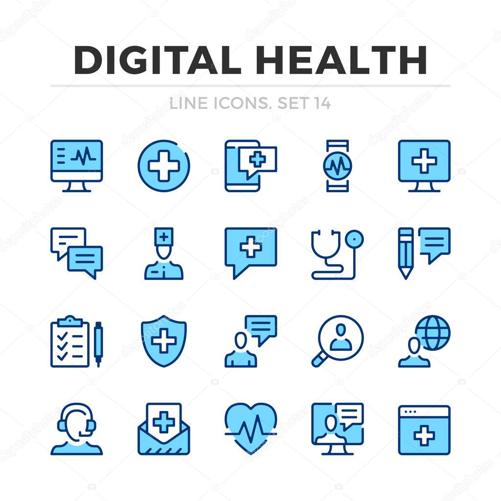 Digital health vector line icons set. Thin line design. Outline graphic elements, simple stroke symbols. Digital health icons