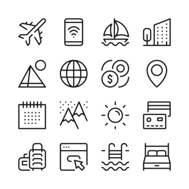 Turizm ve tatil satırı Icons set. Modern grafik tasarım kavramları, basit anahat öğeleri koleksiyonu. Vektör hat simgeler