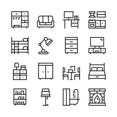 Mobilya çizgi Icons set. Modern grafik tasarım kavramları, basit anahat öğeleri koleksiyonu. Vektör hat simgeler
