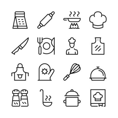 Satır simgeler yemek ayarla. Mutfak eşyaları, yemek tarifi, yemek. Modern grafik tasarım kavramları, basit anahat öğeleri koleksiyonu. Vektör hat simgeler