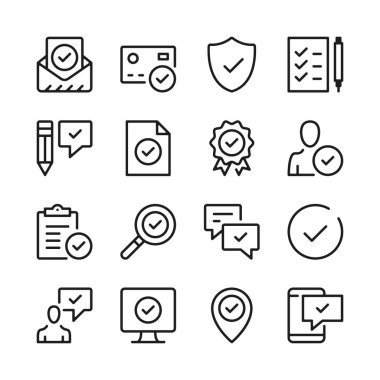 Satır Icons set onaylayın. Onay işaretleri, keneler. Modern grafik tasarım kavramları, basit anahat öğeleri koleksiyonu. Vektör hat simgeler