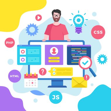 Web geliştirme kavramı. Vektör çizim. Programlama, kodlama. Modern düz tasarım grafik öğeleri