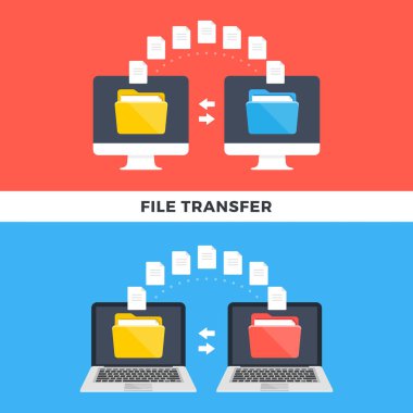 Dosya aktarımı. Verileri kopyalayan bilgisayarlar ve dizüstü bilgisayarlar. Bilgi alışverişi, dosya yönetimi, paylaşma, yükleme, indirme, yedekleme kavramları. Modern düz stil tasarım grafiği. Vektör çizimi