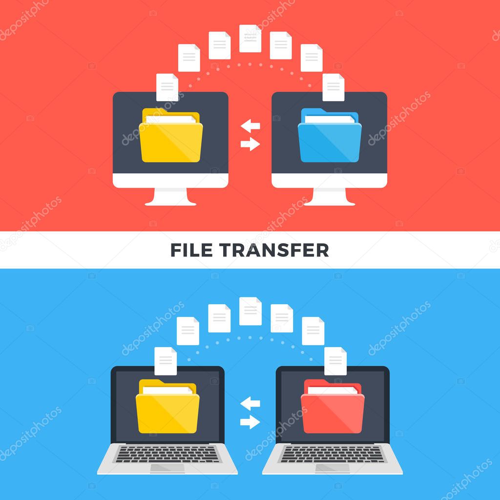 File transfer. Computers and laptops copying data. Information exchange, file management, sharing, uploading, downloading, backup concepts. Modern flat style design graphic. Vector illustration