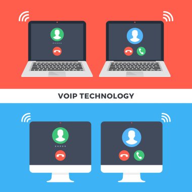 Voip teknolojisi. Bilgisayarlar, dizüstü bilgisayarlar ve Ip telefon, internet telefon, internet protokolü üzerinden ses, online arama kavramları. Modern düz stil tasarım grafiği. Vektör çizimi