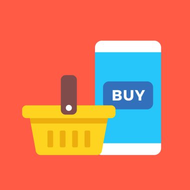 Shopping basket and smartphone with buy button. M-commerce, mcommerce, ecommerce, mobile shopping concepts. Flat design. Vector illustration clipart