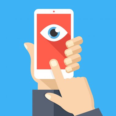 Yüz tanıma, gözetleme kavramları. El tutan akıllı telefon, parmak dokunmatik ekran. Ekranda göz simgesi olan cep telefonu. Düz tasarım. Vektör çizimi