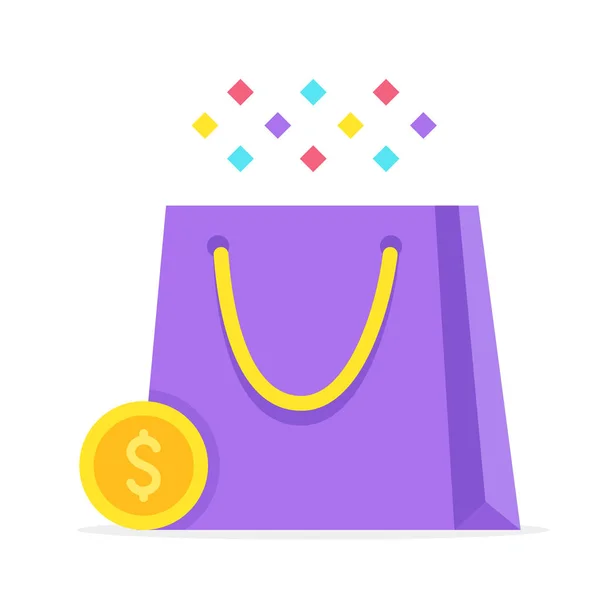 Shopping Shoppingbag Och Guldmynt Försäljning Rabatt Konsumism Begrepp Platt Design — Stock vektor