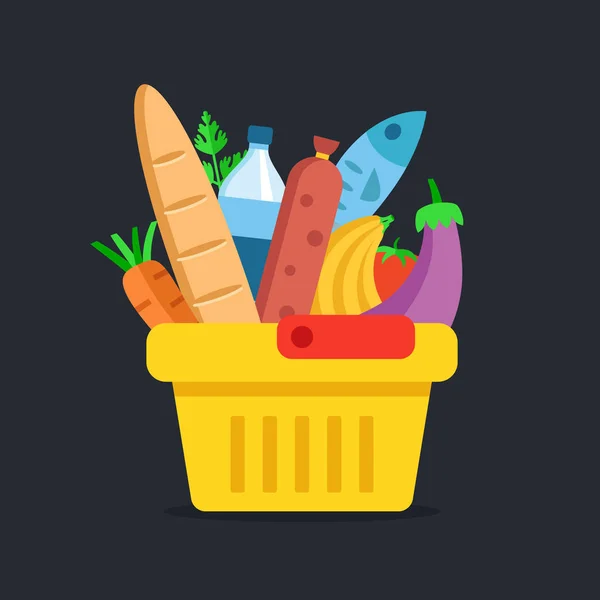 Nákupní Košík Jídlem Potravinách Supermarketech Plochý Design Vektorová Ilustrace — Stockový vektor