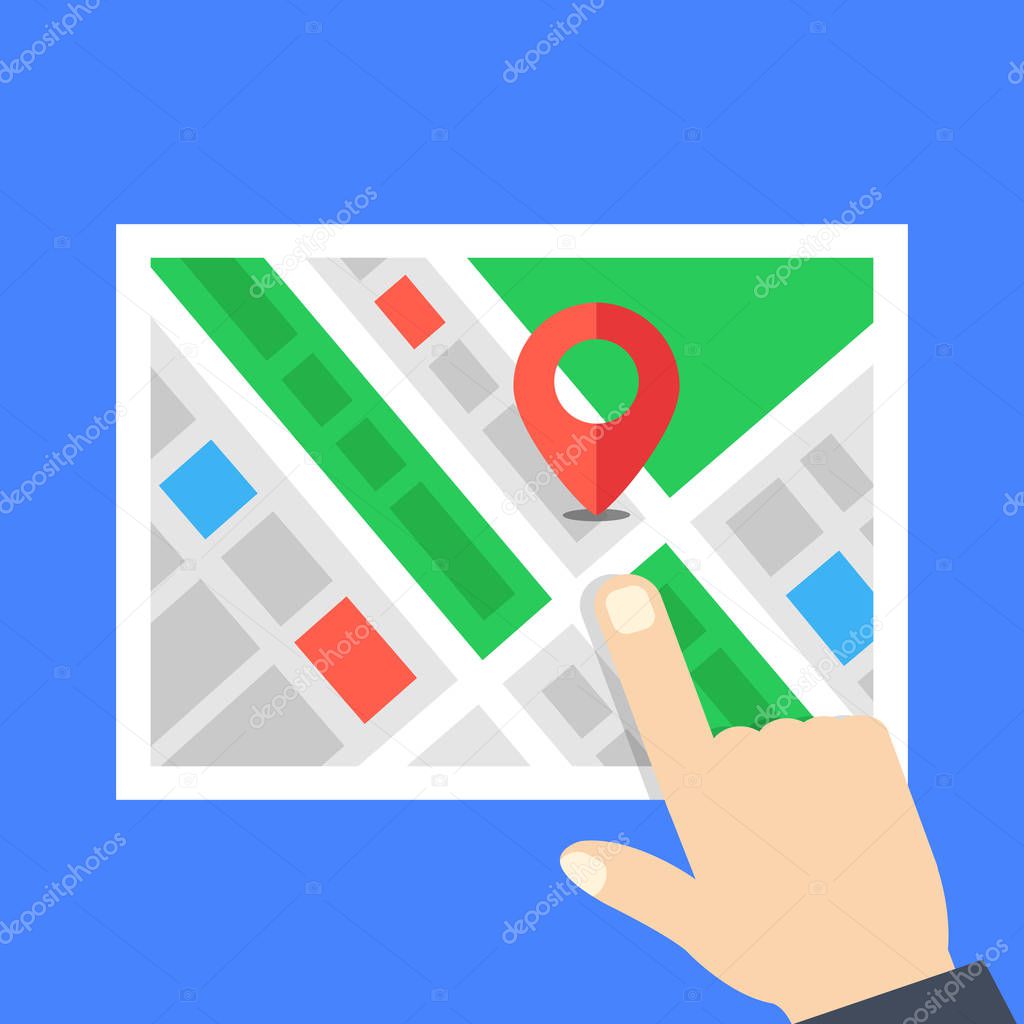 Map and pointing hand. Location, navigation concepts. Flat design. Vector illustration