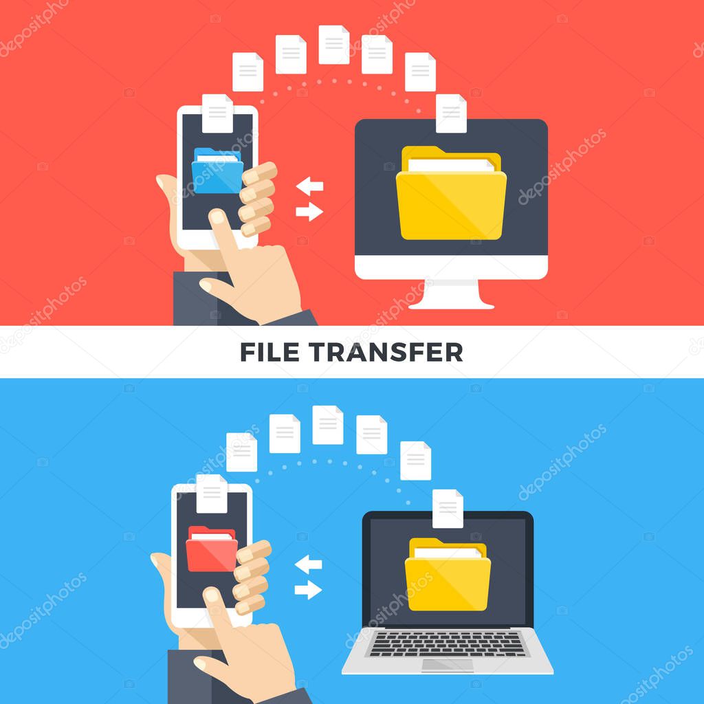 File transfer. Smartphone and computers and laptops copying information. Data exchange, file management, sharing, uploading, downloading, backup concepts. Flat style design graphic. Vector illustration