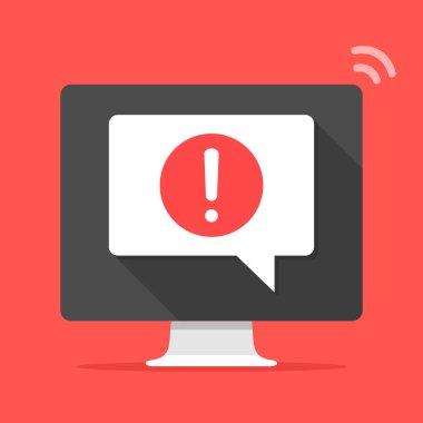 Ekranda konuşma kabarcığı ve ünlem işareti olan bilgisayar. Hata iletisi, uyarı, bildirim, uyarı kavramları. Modern düz tasarım. Vektör çizimi