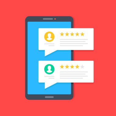 Cep telefonu ekranında müşteri değerlendirmeleri. Konuşma baloncukları ve derecelendirme yıldızları olan akıllı telefon. Referanslar, kullanıcı deneyimi, geri bildirim kavramları. Modern düz tasarım. Vektör çizimi
