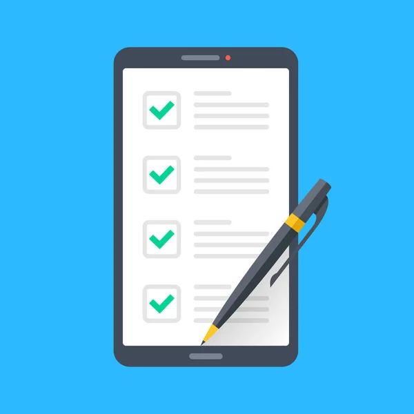 Smartphone Mit Checkliste Und Stift Auf Dem Bildschirm Online Umfrage — Stockvektor