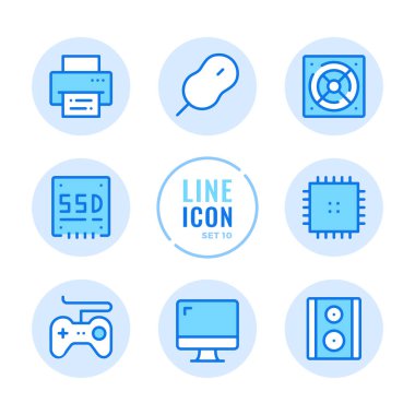 Bilgisayar parçaları vektör çizgisi simgeleri ayarlanır. Bilgisayar donanımı, monitör, Cpu, fare, gamepad, yazıcı anahat sembolleri. Modern basit kontur grafik elemanları. Yuvarlak simgeler