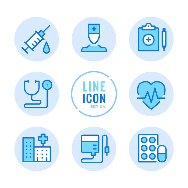 Icônes Ligne Vectorielle Hôpital Soins Santé Médecin Stéthoscope Seringue Pilules — Image vectorielle