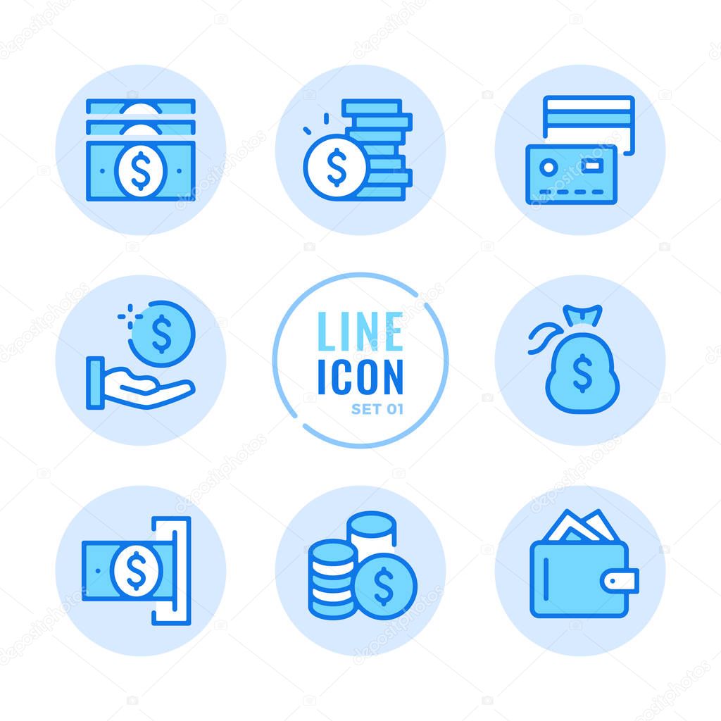 Money vector line icons set. Wallet, cash, money bag, coins, credit card outline symbols. Modern simple stroke graphic elements. Round icons