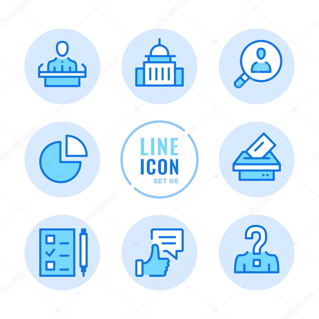 Elections vector line icons set. Voting, ballot box, exit poll, debates, political campaign outline symbols. Modern simple stroke graphic elements. Round icons