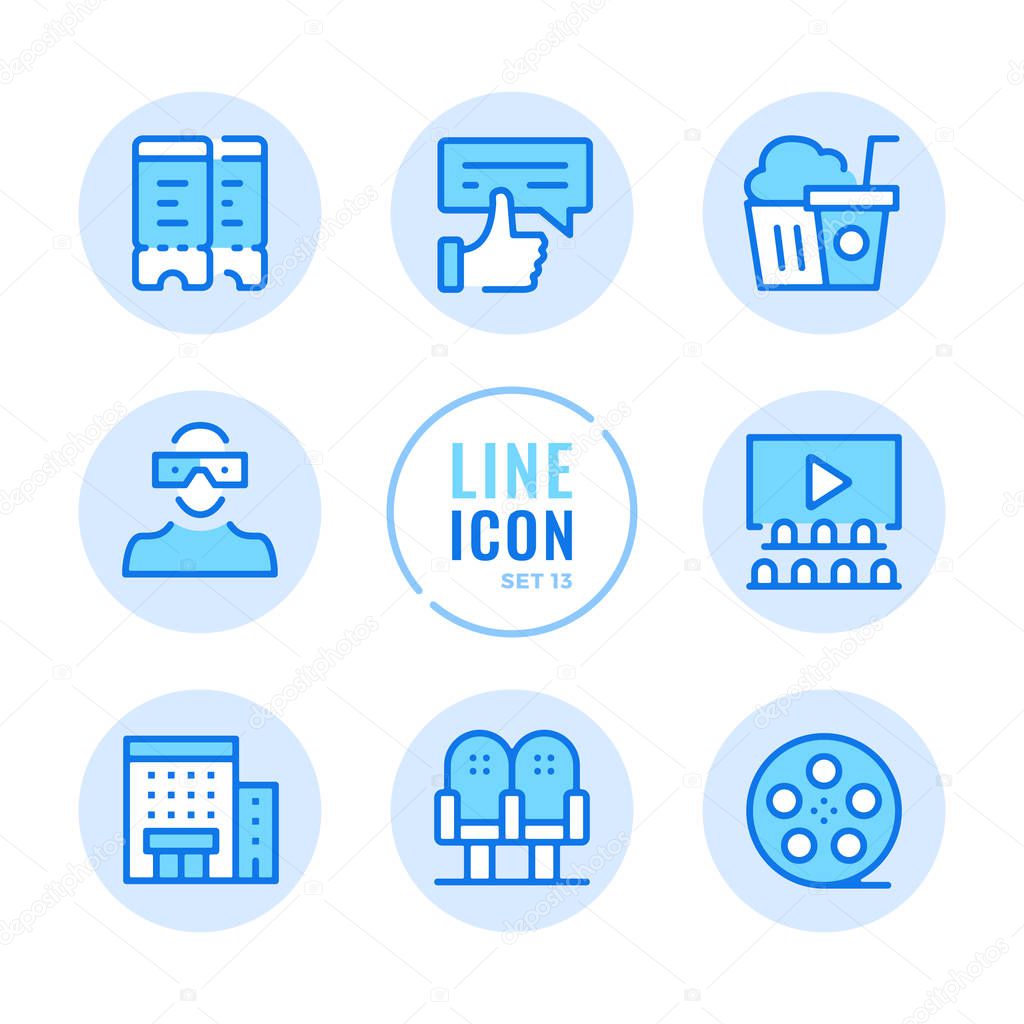 Cinema vector line icons set. Movie theater, seats, film reel, popcorn, tickets outline symbols. Modern simple stroke graphic elements. Round icons