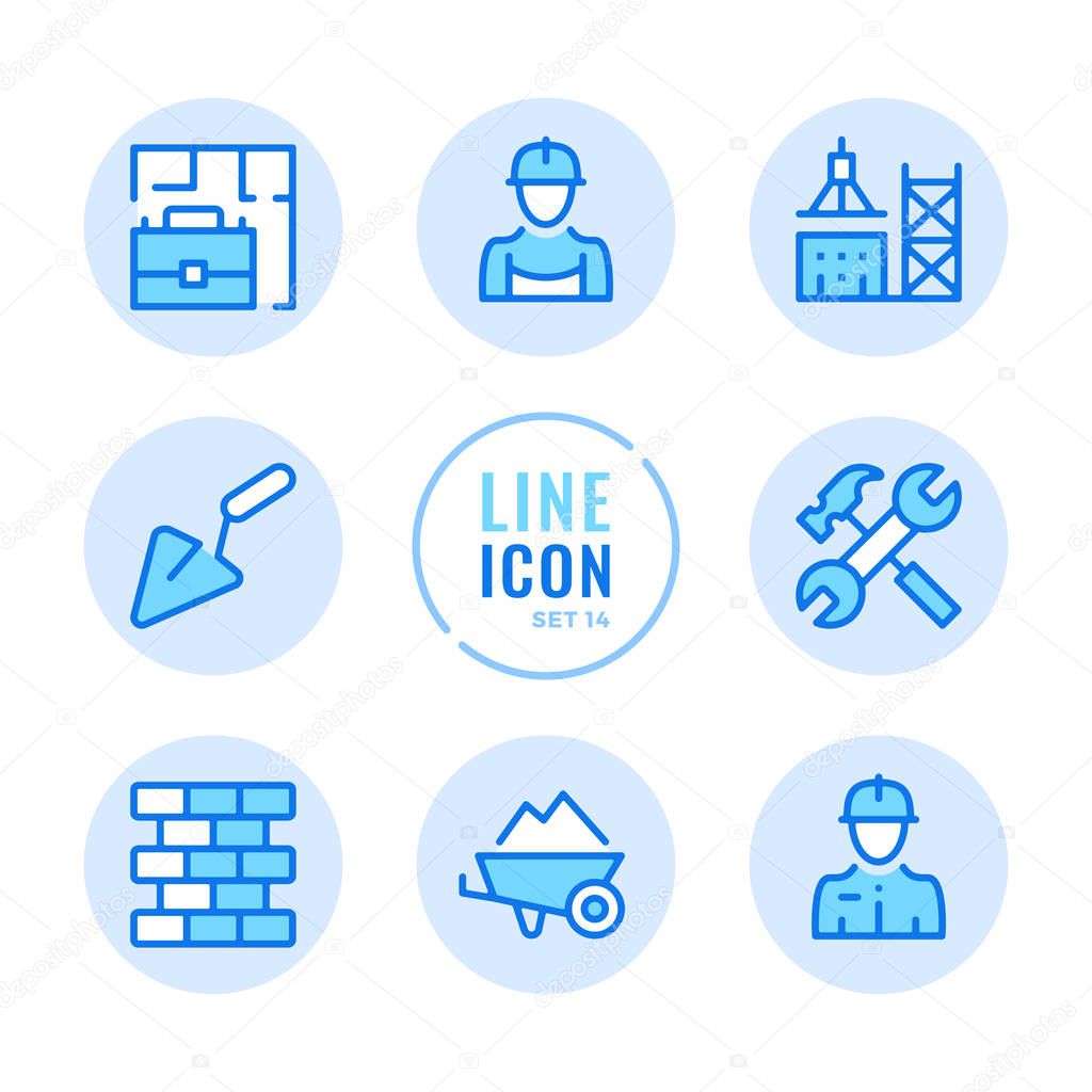 Construction vector line icons set. Building, tower crane, civil engineering, builder outline symbols. Modern simple stroke graphic elements. Round icons