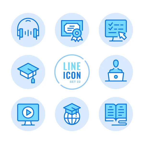 Conjunto Iconos Línea Vector Educación Línea Libro Computadora Sombrero Graduación — Vector de stock