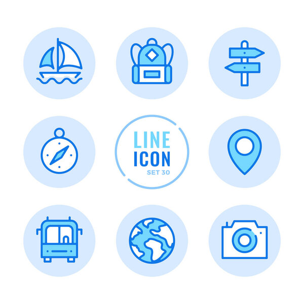 Набор значков векторных линий туризма. Метка карты, камера, навигация, рюкзак, контур отпуска символов. Современные простые инсультные графические элементы. Круглые иконки
