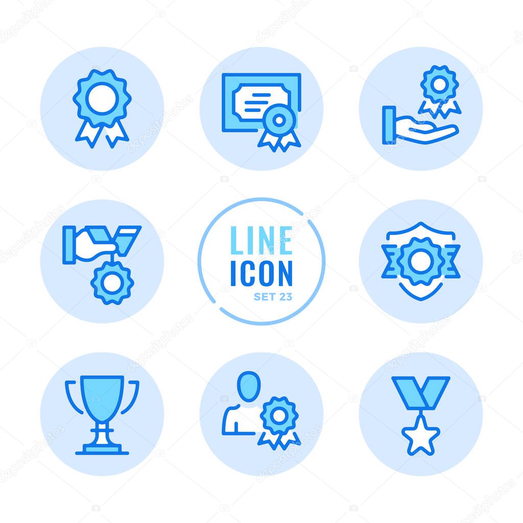 Awards vector line icons set. Medal, certificate, reward, trophy outline symbols. Modern simple stroke graphic elements. Round icons