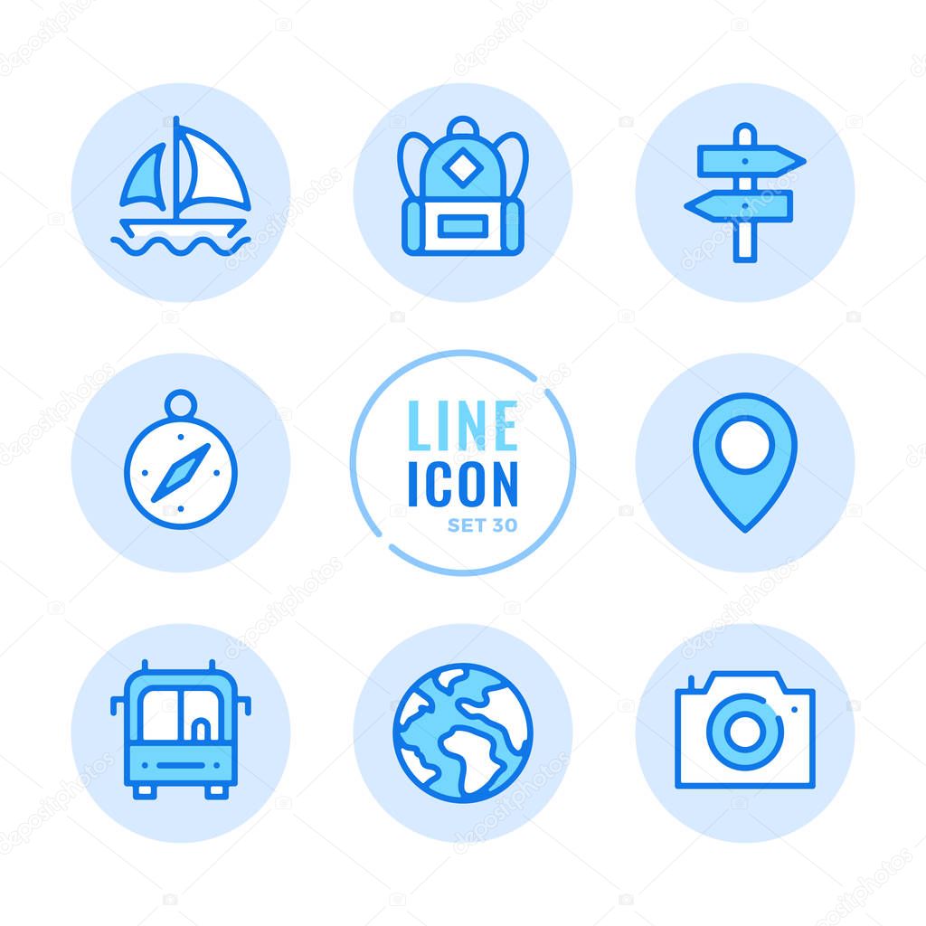Tourism vector line icons set. Map label, camera, navigation, backpack, vacation outline symbols. Modern simple stroke graphic elements. Round icons