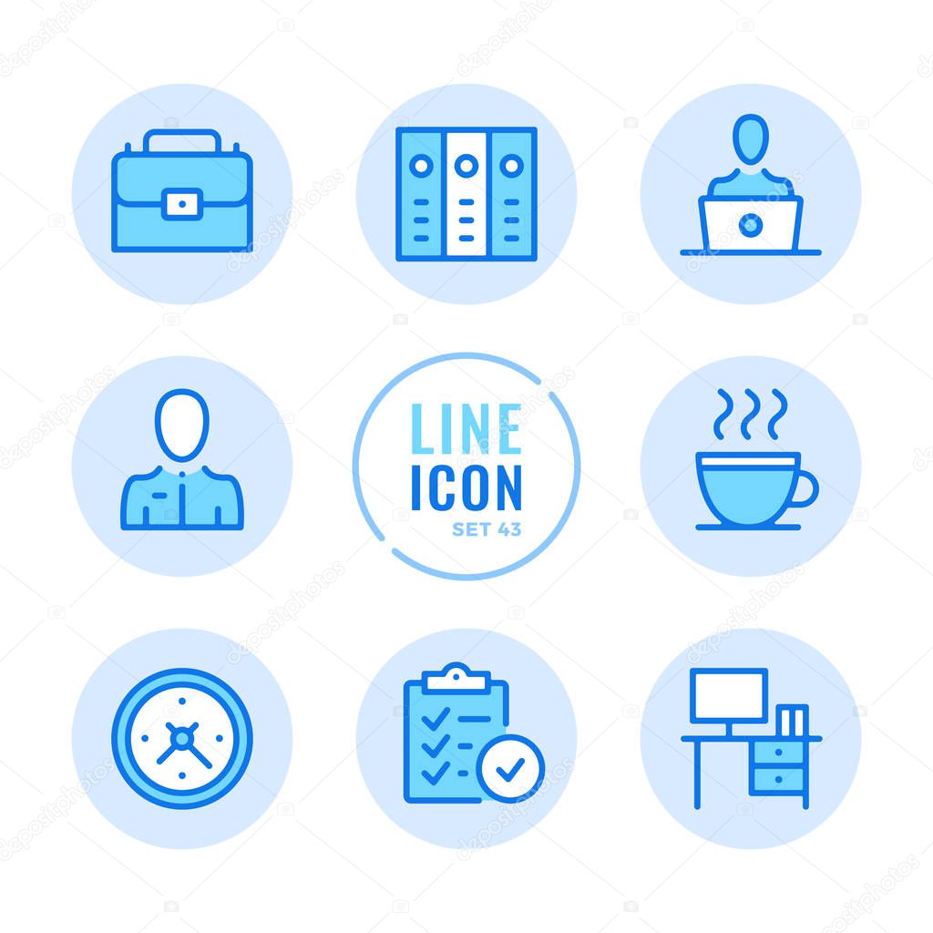 Office vector line icons set. Job, business, briefcase, workplace, binders, report outline symbols. Thin line design. Modern simple stroke graphic elements. Round icons