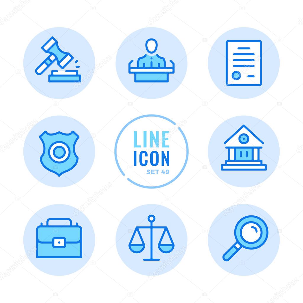 Law and justice vector line icons set. Court, judgment, legal document, examination of evidence, police badge outline symbols. Thin line design. Modern simple stroke graphic elements. Round icons