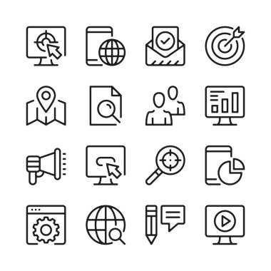 Seo satır simgeleri ayarlayın. Modern grafik tasarım kavramları, basit anahat elemanları koleksiyonu. Vektör çizgisi simgeleri