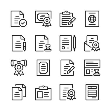 Yasal belgeler satır simgeleri ayarlanır. Yasal formlar. Modern grafik tasarım kavramları, basit anahat elemanları koleksiyonu. Vektör çizgisi simgeleri