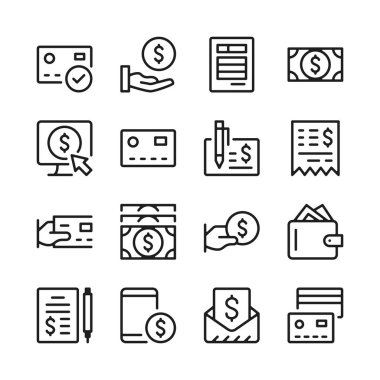 Ödeme satırı simgeleri ayarlandı. Para. Modern grafik tasarım kavramları, basit anahat elemanları koleksiyonu. Vektör çizgisi simgeleri