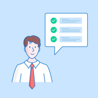 Yeşil onay işaretleri içeren kontrol listesi. Kontrol listesi ile Mutlu adam karakter ve konuşma balonu. Tamamlanmış görevler, anket, kalite kontrol kavramları. Elle çizilmiş stil, çizgi tasarımı. Vektör çizimi