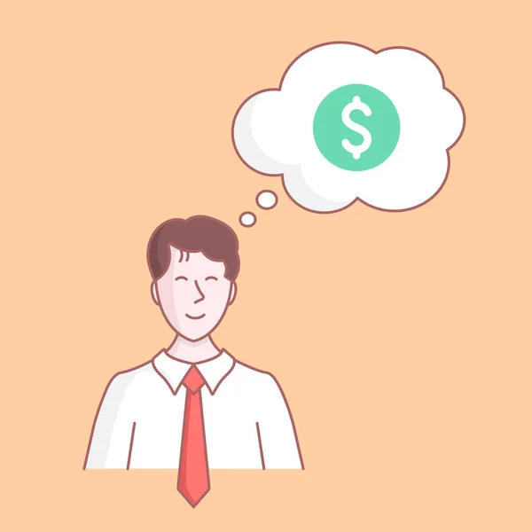 Επιχειρηματίας Σκέφτεται Λεφτά Ευτυχισμένος Άνθρωπος Ονειρεύεται Οικονομική Επιτυχία Επιτυχημένες Επιχειρήσεις — Διανυσματικό Αρχείο