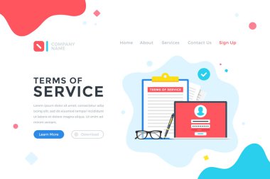 Hizmet şartları. Politika, lisans sözleşmesi, Gdpr, kullanım koşulları, Tos kavramı. Web afiş, açılış sayfası şablonu, web sitesi için modern düz tasarım grafik elemanları. Vektör çizimi