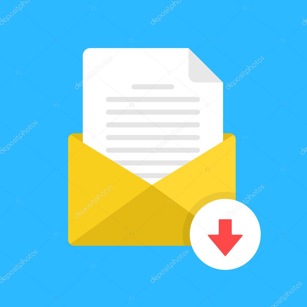 Download email attachment. E-mail with document and down arrow button. Receive computer file. Modern flat design. Vector icon