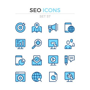 Seo simgeleri. Vektör çizgisi simgeleri ayarlanır. Üstün kalite. Basit ince çizgi tasarımı. Modern anahat sembollertoplama, piktogramlar.