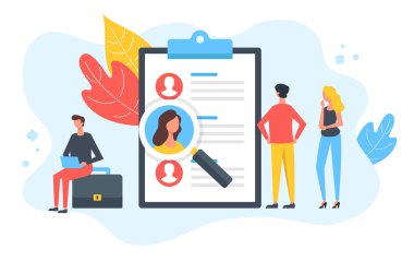 İnsan kaynakları. İş adayları listesi ve büyüteç ile İnsanlar ve pano. İstihdam, iş arama, işe alma, işe alım, insan kaynakları kavramları. Modern düz tasarım. Vektör çizimi