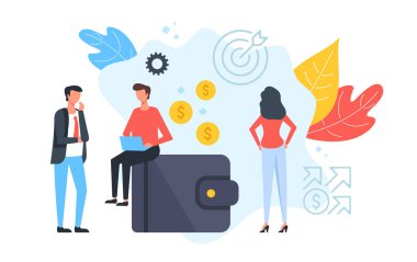 Paralı cüzdan. İnsanlar ve altın sikkeli çanta. Pazarlama, finans, iş kavramları. Modern düz tasarım. Vektör çizimi