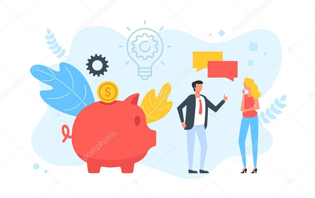 Savings, save money, investment, business idea, investing concepts. People with speech bubbles and piggy bank with gold coin and light bulb with gear. Modern flat design. Vector illustration