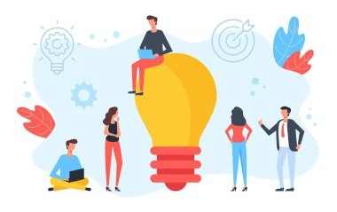 Yaratıcı bir fikir. Bir grup insan ve ampul. Takım fikir üzerinde çalışıyor. Takım çalışması, yaratıcılık, başlangıç, iş çözümü kavramları. Modern düz tasarım. Vektör çizimi